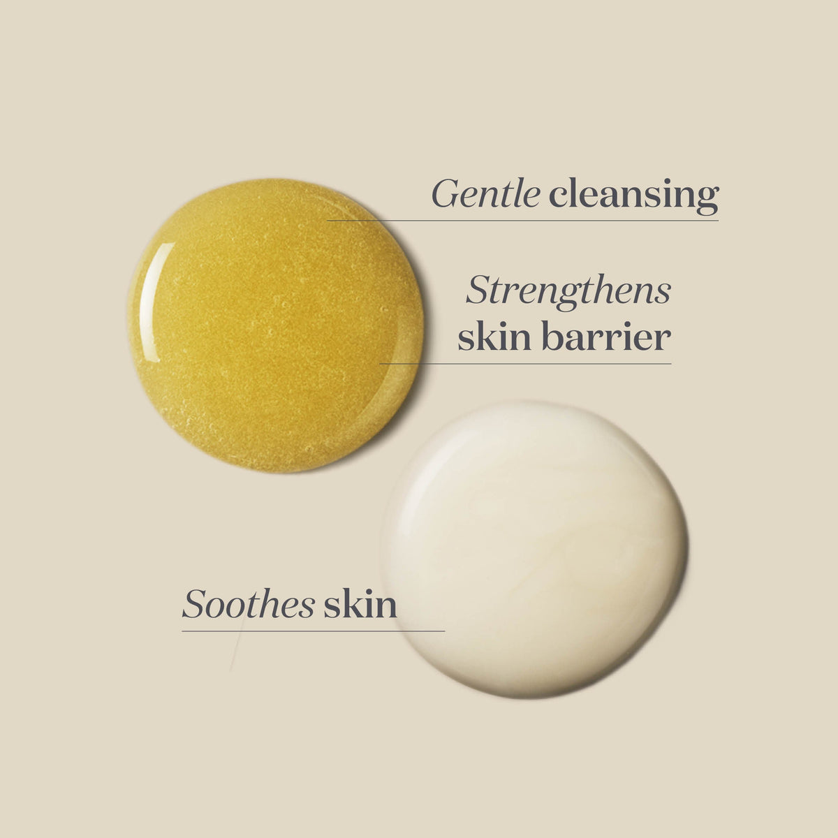 ManukaRx Gentle Cleanser Duo cleanser swatches with product benefits listed around the product swatch