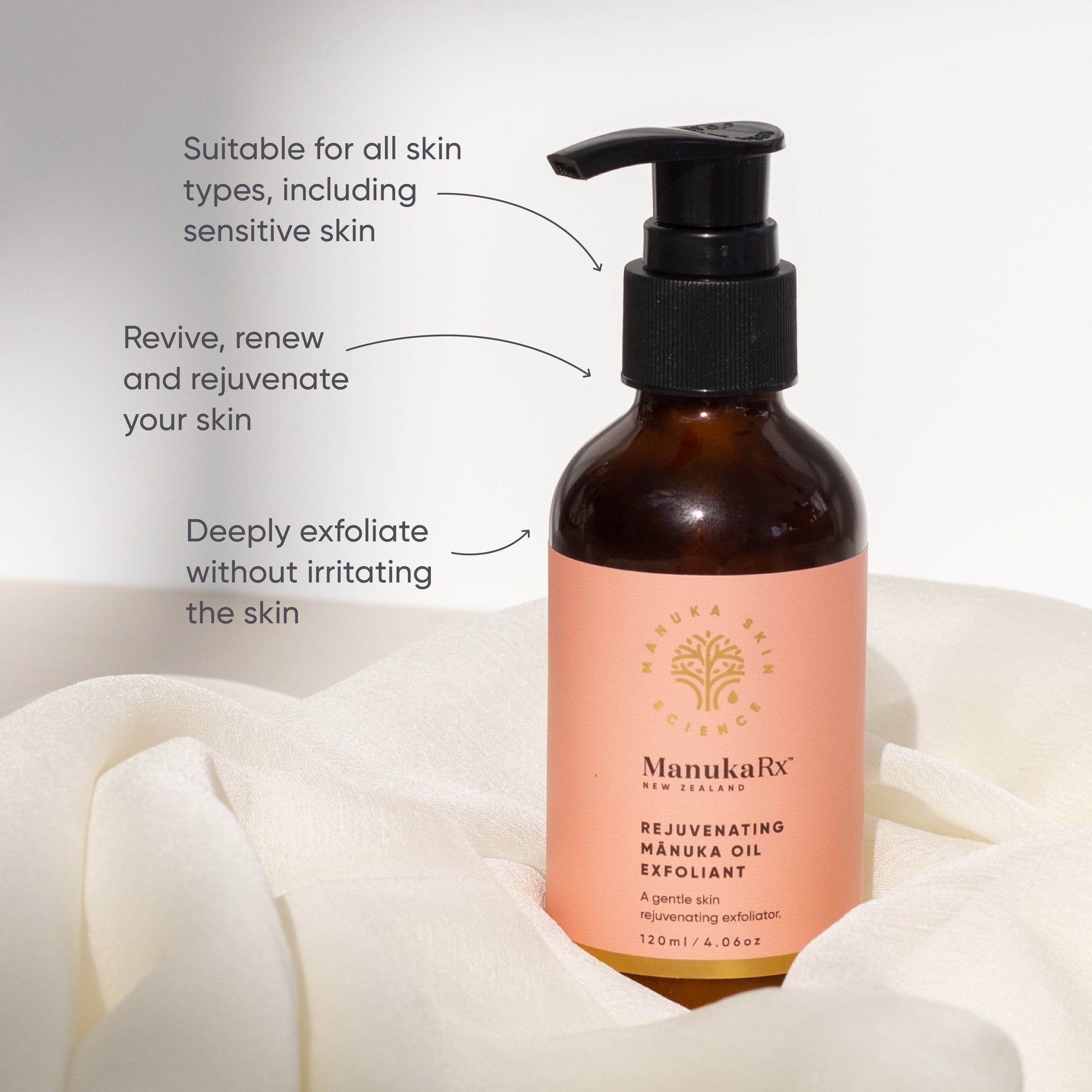 Product benefits listed around a bottle of ManukaRx Rejuvenating Mānuka Oil Exfoliant